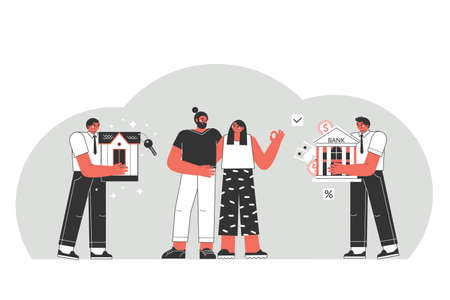 Mortgage concept. A young couple selects a mortgage to buy a dream home.のイラスト素材