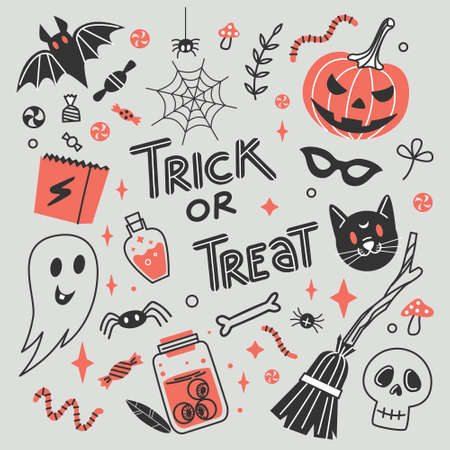 Set of decorative elements for Halloween celebrations. Holiday Accessories.のイラスト素材