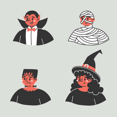 A set of funny characters on Halloween. Four images of cartoon characters.のイラスト素材
