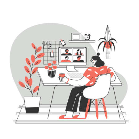 A girl or woman using a computer for a collective virtual meeting and group video conference. Vector illustration for video conference, remote work, technological concept.のイラスト素材