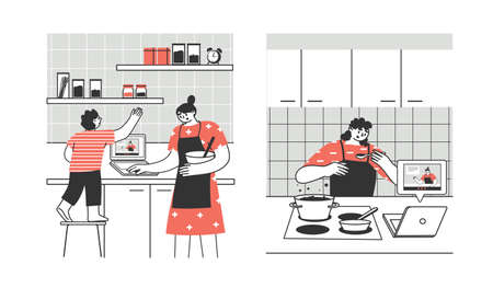 Young people, adults, family prepare food at home via laptop or tablet. Spending time in the kitchen, cooking training, hobby. Preparation of homemade meals.のイラスト素材