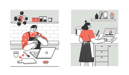 Young people, adults prepare food at home via laptop or tablet. Spending time in the kitchen, cooking training, hobby. Preparation of homemade meals.のイラスト素材