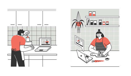Young people, adults prepare food at home via laptop or tablet. Spending time in the kitchen, cooking training, hobby. Preparation of homemade meals.のイラスト素材