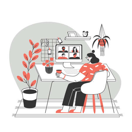 Girl or woman using a computer for collective virtual meeting, group video conference. A person at her desk, communicating with friends online. Vector illustration for video conference, remote work.のイラスト素材