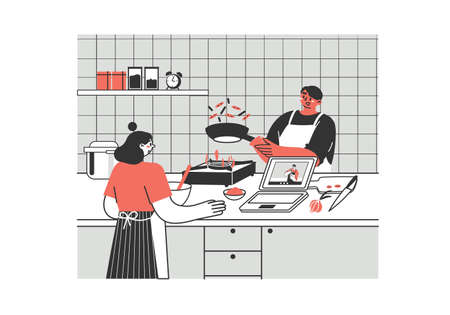Young people, adults prepare food at home via laptop or tablet. Spending time in the kitchen, cooking training, hobby. Preparation of homemade meals.のイラスト素材
