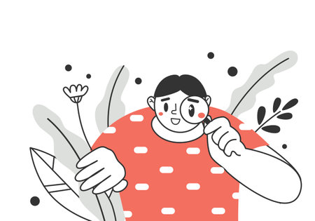 The character looks through a magnifying glass. Search Concept. The man searches, examines.のイラスト素材