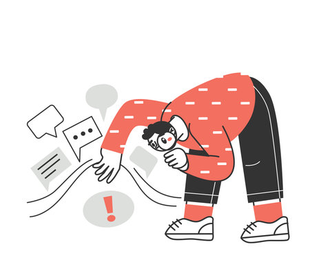 Man holds up a magnifying glass and looks through it. The concept of frequently asked questions, inquiry, investigation, searching for information on the web. Flat vector illustration.のイラスト素材