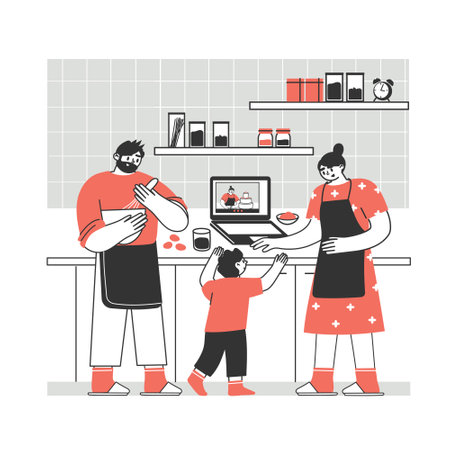 The family cooks a meal together. Cooking with a laptop, remotely via the Internet.のイラスト素材