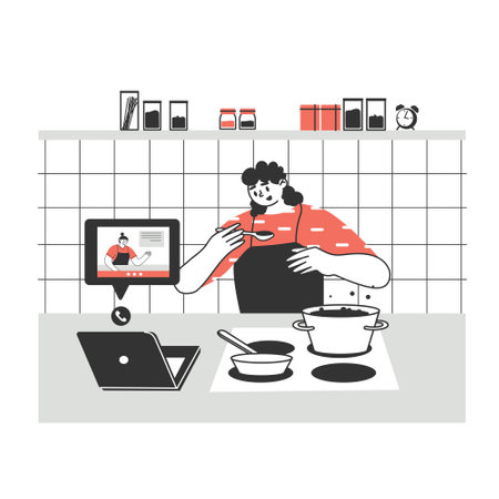 young person, man prepare food at home via laptop or tablet. Spending time in the kitchen, cooking training, hobby. Preparation of homemade meals.のイラスト素材