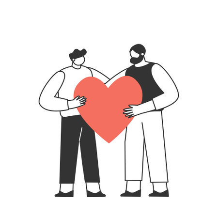 A couple in love. Two guys. The characters are celebrating Valentines Day. Love and romance concept. Vector illustrationのイラスト素材