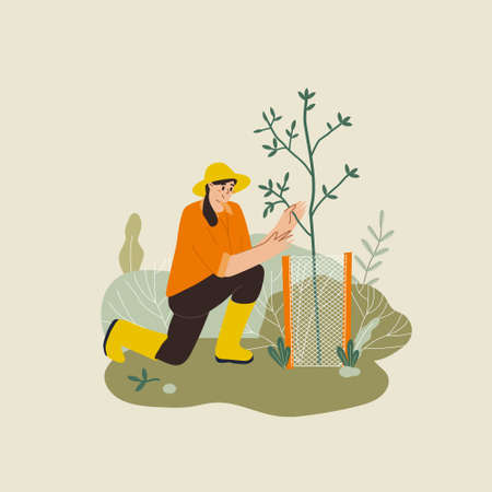 Gardening. Woman planting gardens flowers, agriculture gardener hobby and garden job. Gardening person, gardener flowers cutter workingのイラスト素材