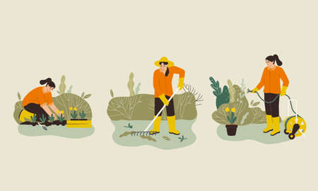 Woman gardening. Woman planting gardens flowers, agriculture gardener hobby and garden job. Gardening person, gardener flowers cutter workingのイラスト素材