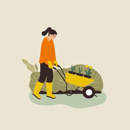 Gardening. Woman planting gardens flowers, agriculture gardener hobby and garden job. Gardening person, gardener flowers cutter workingのイラスト素材