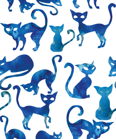 Seamless pattern with blue cats. Watercolor effectのイラスト素材