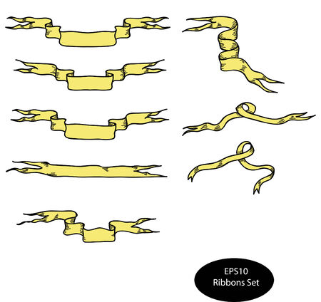 Hand drawn vector ribbons set. Yellow hand drawn ribbons isolated on the white backgroundのイラスト素材