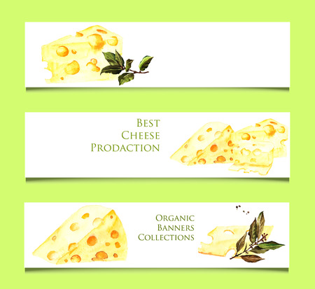 Three banners with watercolor cheese illustration on the green backgroundのイラスト素材