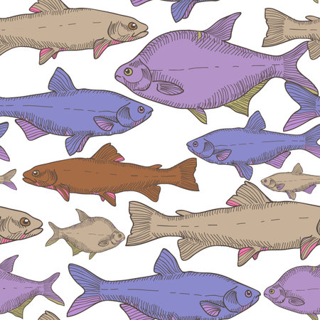 Colorful seamless pattern  with different fishes with violet, blue, brown colors swimming in different directions.のイラスト素材