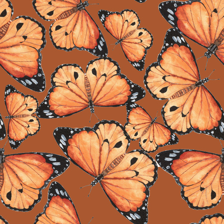 Hand drawn watercolor seamless pattern with colorful orange tropical butterfliesの写真素材