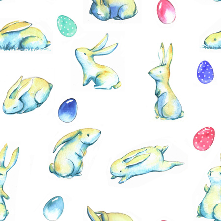 Hand-drawn watercolor seamless pattern with cute little Easter bunnies on the white background. Repeated print with rabbits and colorful eggsの写真素材