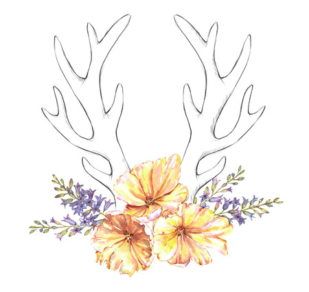 Beautiful  illustration with the watercolor tulip flowers, hyacinth and sketch antlers. Floral composition in boho style with stylized antlers drawing and yellow tulips bouquetの写真素材