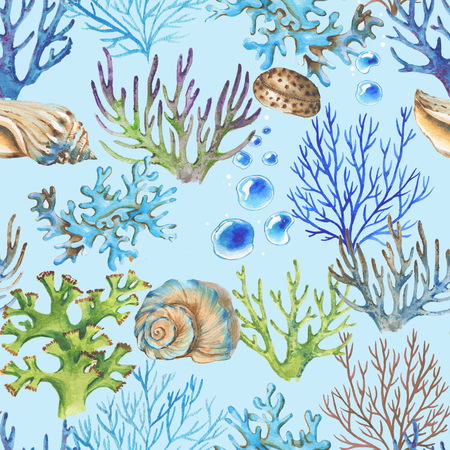 Hand-drawn watercolor sea pattern with shells and corals. Underwater repeated backgroundの写真素材