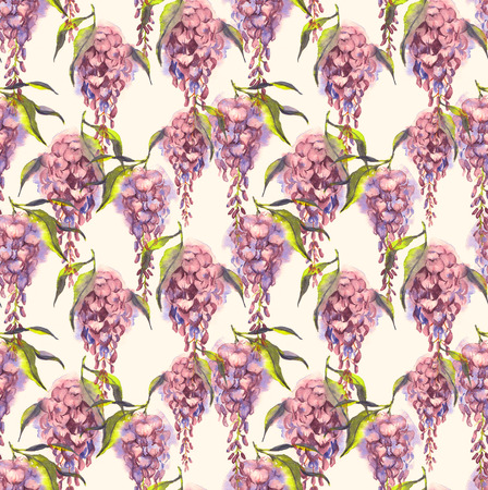 Hand-drawn watercolor seamless pattern with violet tender wisteria flowers. Japanese wisteria blossom on the repeated print for the textile, wallpapers etc. Spring backgroundの写真素材