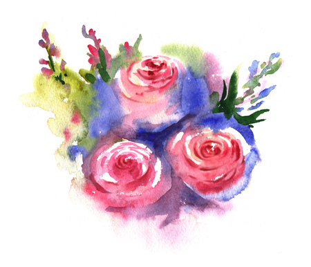 Beautiful and tender, romantic watercolor illustration of roses bouquet. Floral hand-drawn composition with pink roses and different flowersの写真素材