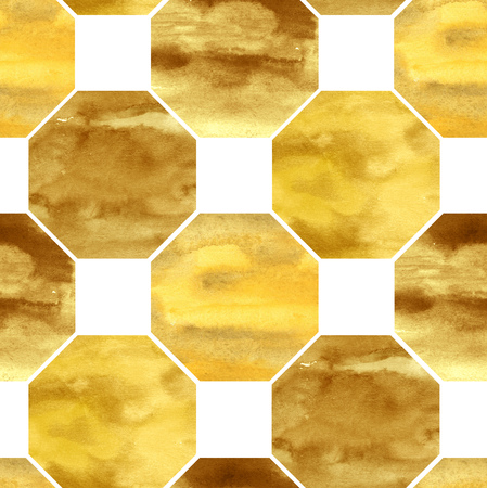 Hand-drawn watercolor seamless pattern in Moroccan style. Golden tiles in the repeated print for the textile and wallpapers. Geometrical backgroundの写真素材