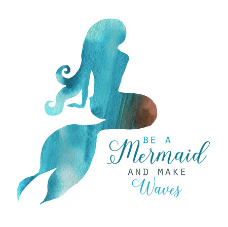 Hand-drawn watercolor beautiful mermaid character illustration. Sea template for poster, card, invitation. Mermaid silhouetteの写真素材