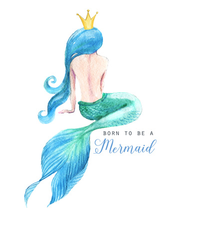 Hand-drawn watercolor beautiful mermaid character illustration. Sea template for poster, card, invitation. Born to be a mermaid.の写真素材