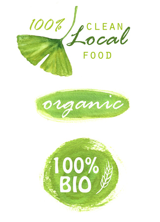 Hand-drawn watercolor organic logos and banners. Fresh and natural production, eco-icons set. Organic, bio, ecology natural design template. Watercolor green logotypes set.の写真素材