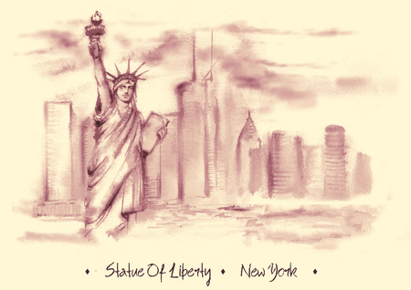 Hand-drawn watercolor drawing of the American landscape. Illustration of the  Statue of Liberty in retro style. New York cityの写真素材