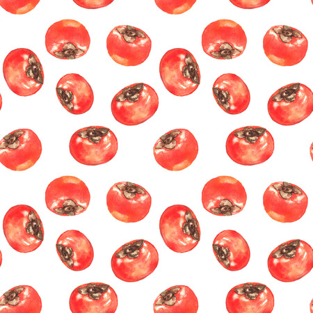 Hand-drawn watercolor seamless pattern with orange persimmons. Repeated backgroundの写真素材