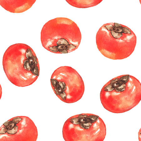 Hand-drawn watercolor seamless pattern with orange persimmons. Repeated backgroundの写真素材