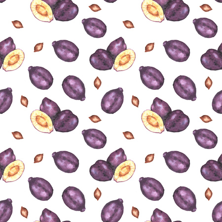 Hand-drawn watercolor seamless pattern with fresh ripe plums. Repeated backgroundの写真素材