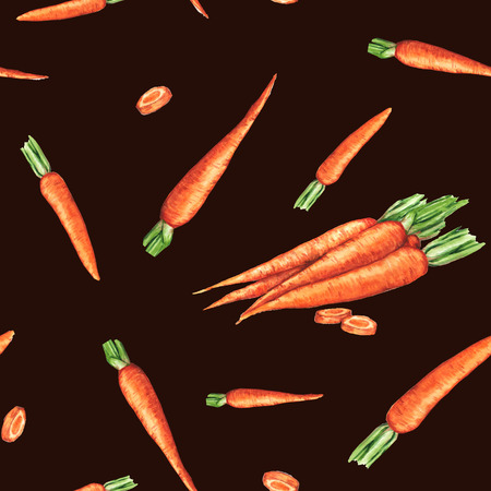 Hand drawn seamless repeated pattern with watercolor ripe orange carrots on the black backgroundの写真素材