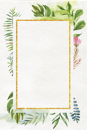 Hand drawn watercolor florals with golden elements. Frame design with leaves, plants, flowers and geometric elements, watercolor paper background. Card template for wedding invitationの写真素材