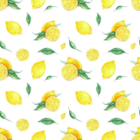 Hand drawn seamless pattern with ripe yellow lemons and leaves on the white backgroundの写真素材