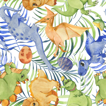 Hand drawn watercolor seamless pattern with cute dinosaurs and tropical leaves. Historical reptiles. Dinosaurs - cartoon character. Illustration for children. Repeated backgroundの写真素材