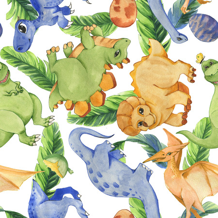 Hand drawn  seamless pattern with cute dinosaurs and palm leaves. Historical reptiles. Dinosaurs - cartoon character. Illustration for children. Repeated backgroundの写真素材