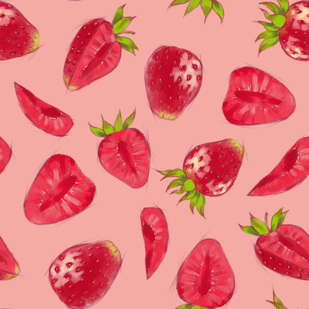 Hand drawn seamless pattern with watercolor strawberries on the pink background. Repeated backgroundの写真素材