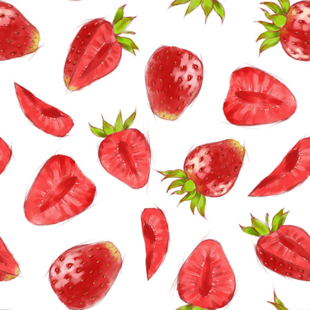 Hand drawn seamless pattern with watercolor strawberries on the white background. Repeated backgroundの写真素材
