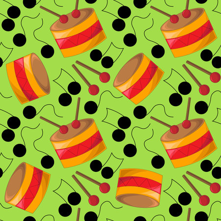 Seamless vector pattern with drums and black notesのイラスト素材