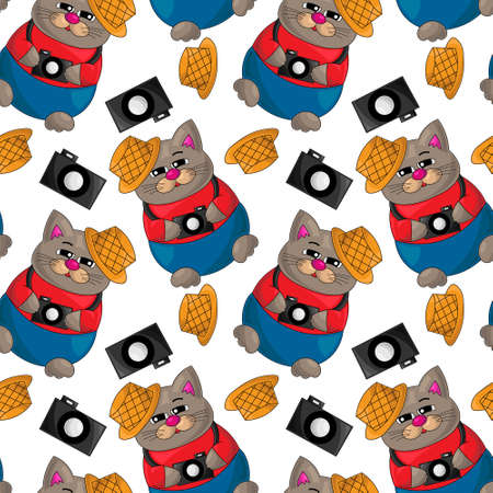 Seamless vector pattern with cat, hat and cameraのイラスト素材