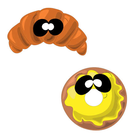 Cute croissant and donut in cartoon styleのイラスト素材