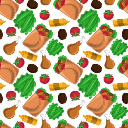 Seamless vector pattern with Shawarma and ingredientsのイラスト素材