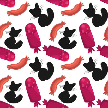 Seamless pattern with cat and tasty sausageのイラスト素材