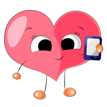 Cute cartoon pink Heart with mobile phoneのイラスト素材