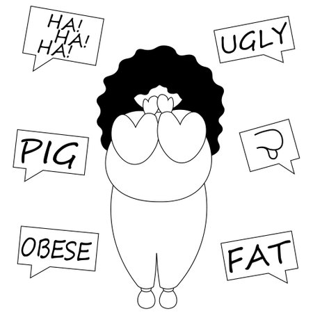 A fat women listens to insults and cries in black and whiteのイラスト素材