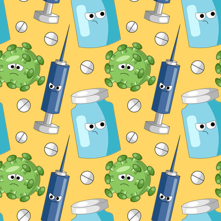 Seamless vector pattern with cartoon syringe, vaccine and virusのイラスト素材